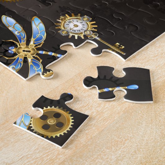 Steampunk Dragonflies op bruine gestreepte achterg Legpuzzel (Zijkant)