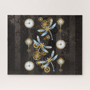 Steampunk Dragonflies op bruine gestreepte achterg Legpuzzel