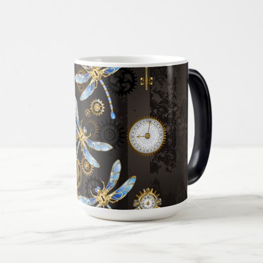 Steampunk Dragonflies op bruine gestreepte achterg Magische Mok (Voorkant rechts)