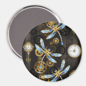 Steampunk Dragonflies op bruine gestreepte achterg Magneet (Voorkant / Achterkant)
