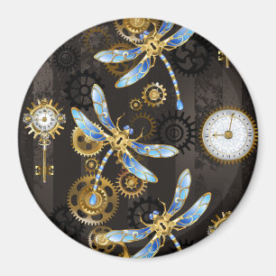 Steampunk Dragonflies op bruine gestreepte achterg Magneet
