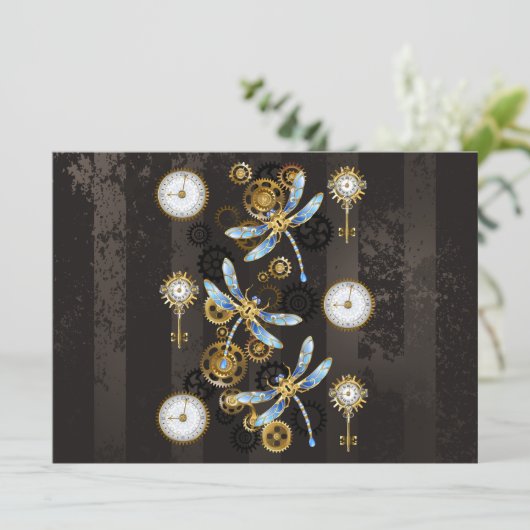 Steampunk Dragonflies op bruine gestreepte achterg Menu (Staand voorkant)