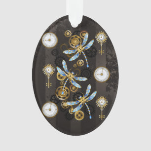 Steampunk Dragonflies op bruine gestreepte achterg Ornament