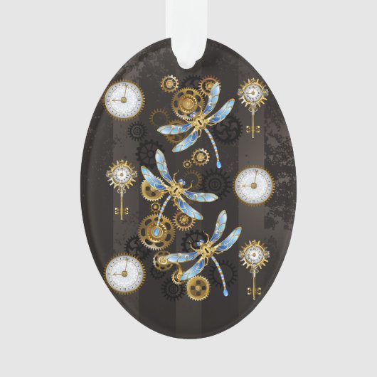 Steampunk Dragonflies op bruine gestreepte achterg Ornament (voorkant)
