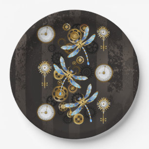 Steampunk Dragonflies op bruine gestreepte achterg Papieren Bordje