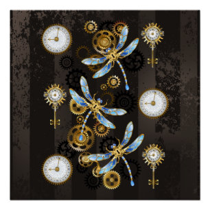Steampunk Dragonflies op bruine gestreepte achterg Perfect Poster