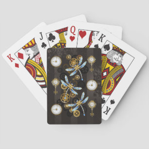 Steampunk Dragonflies op bruine gestreepte achterg Pokerkaarten