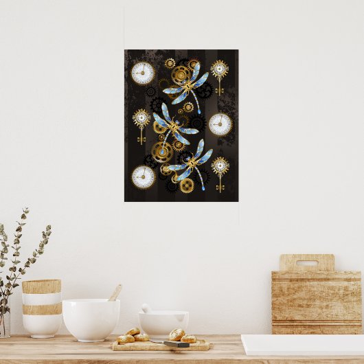 Steampunk Dragonflies op bruine gestreepte achterg Poster (Keuken)
