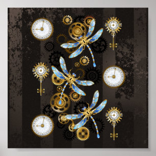 Steampunk Dragonflies op bruine gestreepte achterg Poster