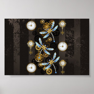 Steampunk Dragonflies op bruine gestreepte achterg Poster