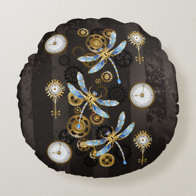 Steampunk Dragonflies op bruine gestreepte achterg Rond Kussen (Voorkant)