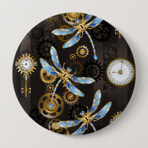 Steampunk Dragonflies op bruine gestreepte achterg Ronde Button 4,0 Cm