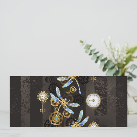 Steampunk Dragonflies op bruine gestreepte achterg Save The Date (Staand voorkant)