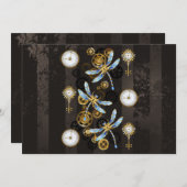 Steampunk Dragonflies op bruine gestreepte achterg Save The Date (Voorkant / Achterkant)