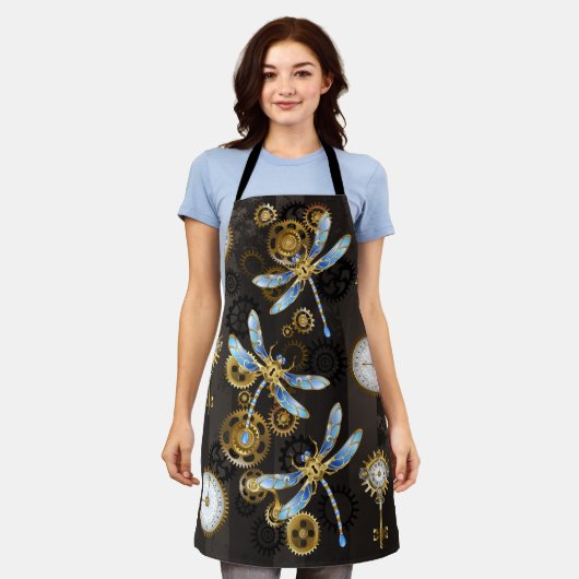 Steampunk Dragonflies op bruine gestreepte achterg Schort (Gedragen)