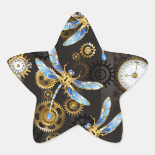 Steampunk Dragonflies op bruine gestreepte achterg Ster Sticker