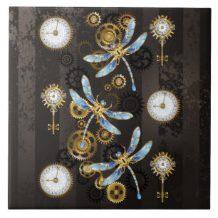 Steampunk Dragonflies op bruine gestreepte achterg Tegeltje