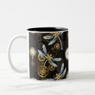 Steampunk Dragonflies op bruine gestreepte achterg Tweekleurige Koffiemok