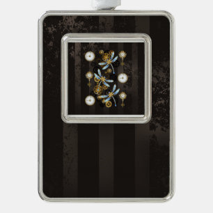 Steampunk Dragonflies op bruine gestreepte achterg Verzilverd Kader Ornament