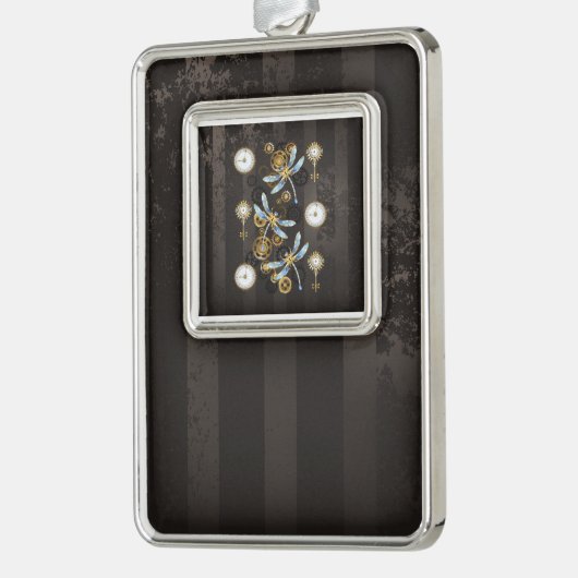 Steampunk Dragonflies op bruine gestreepte achterg Verzilverd Kader Ornament (Links)