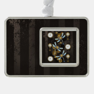 Steampunk Dragonflies op bruine gestreepte achterg Verzilverd Kader Ornament