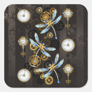 Steampunk Dragonflies op bruine gestreepte achterg Vierkante Sticker