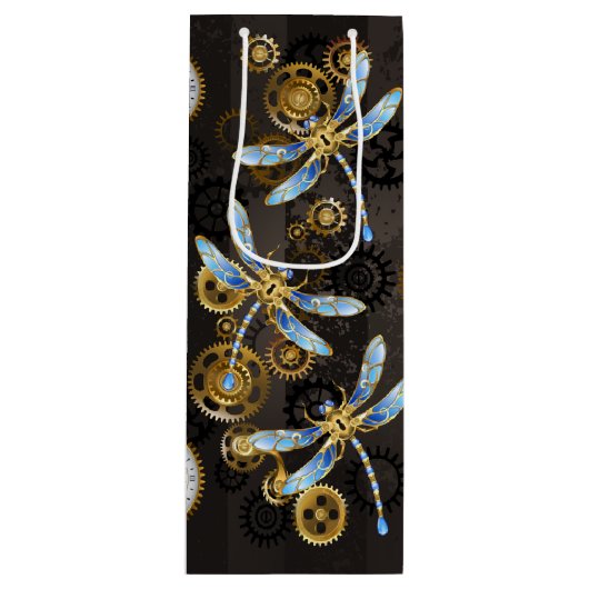 Steampunk Dragonflies op bruine gestreepte achterg Wijn Cadeautas (Voorkant)