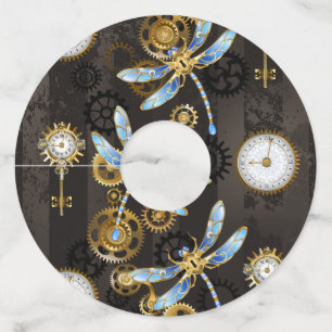Steampunk Dragonflies op bruine gestreepte achterg Wijnglaslabel