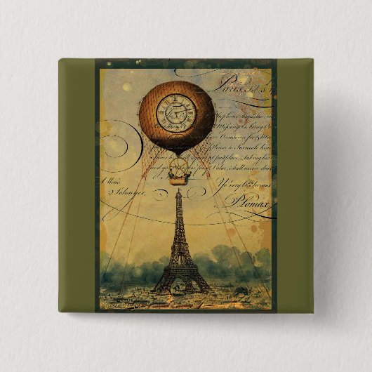 Steampunk Eiffel Tower & Hot Air-ballon Vierkante Button 5,1 Cm (Voorkant)