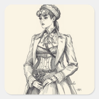 Steampunk Elegance: Intricate Black & White Fashio Vierkante Sticker