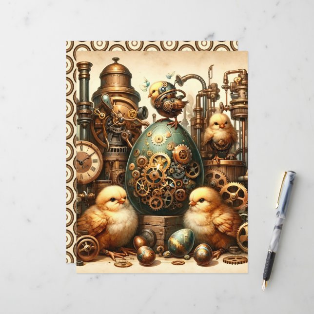 Steampunk Ephemera de Pâques papier de scrapbook (Devant/Arrière en situation)