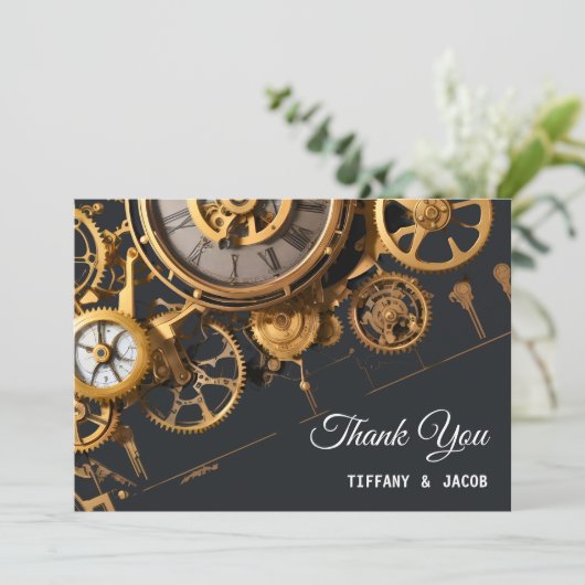 Steampunk Extravaganza  Clockwork Bruiloft Bedankkaart (Staand voorkant)