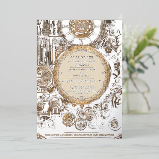Steampunk Extravaganza Clockwork Bruiloft Folie Uitnodiging (Staand Voorkant)