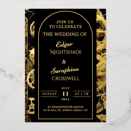 Steampunk Extravaganza  Clockwork Bruiloft Folie Uitnodiging (Voorkant)