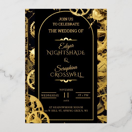 Steampunk Extravaganza  Clockwork Bruiloft Folie Uitnodiging (Voorkant)