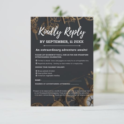 Steampunk Extravaganza  Clockwork Bruiloft RSVP Kaartje (Staand voorkant)