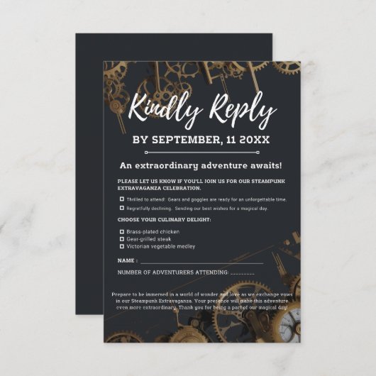 Steampunk Extravaganza  Clockwork Bruiloft RSVP Kaartje (Voorkant / Achterkant)
