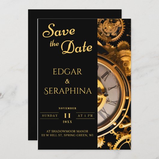 Steampunk Extravaganza  Clockwork Bruiloft Save The Date (Voorkant / Achterkant)