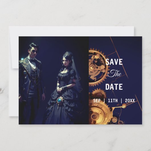 Steampunk Extravaganza  Clockwork Bruiloft Save The Date (Voorkant)