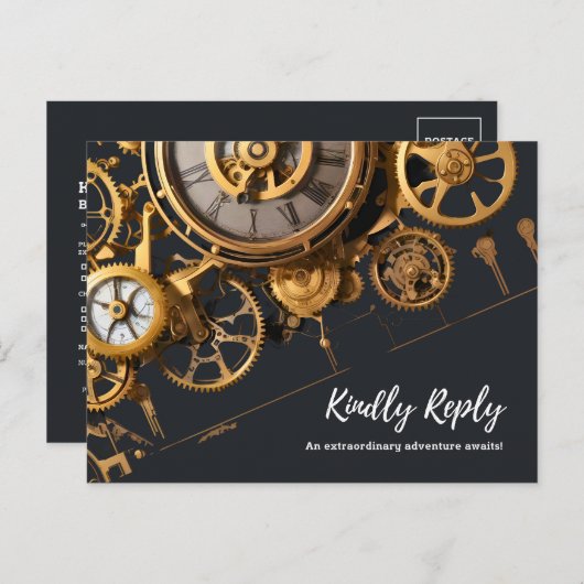 Steampunk Extravaganza Clockwork RSVP Uitnodiging Briefkaart (Voorkant / Achterkant)