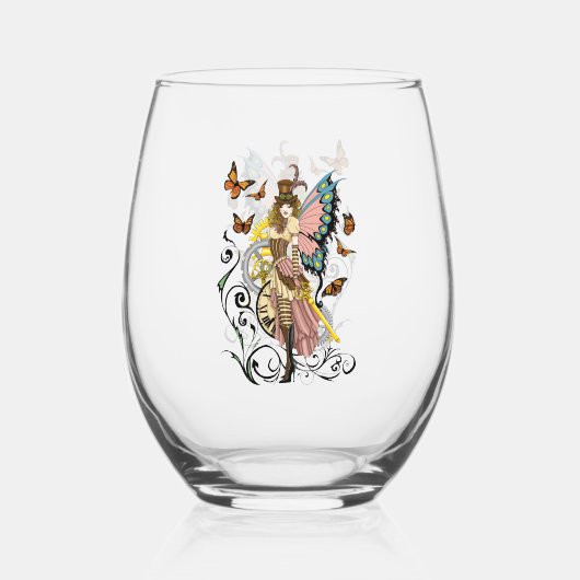 Steampunk Fairy Gele Klok Gears Wijnglas Zonder Voet (Voorkant)