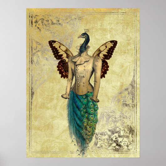 Steampunk Fantasy Peacock Gold Poster (Voorkant)