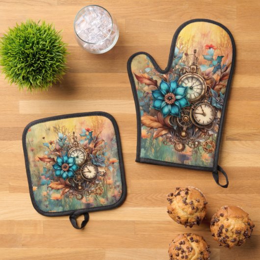 Steampunk Floral Ovenwant & Pannenlap Set (Top down)
