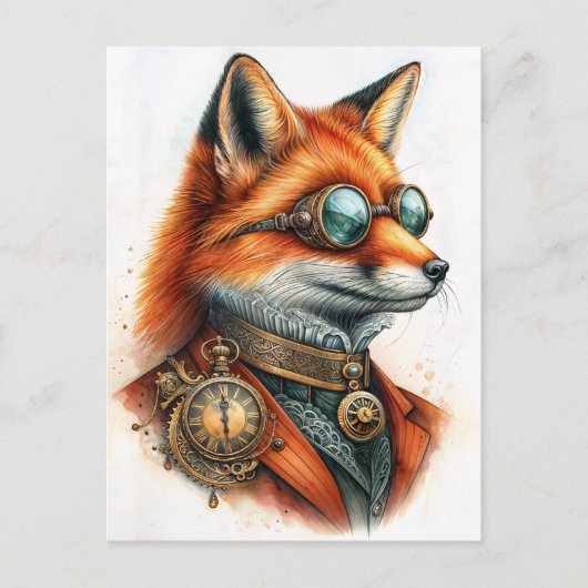 Steampunk Fox - Timekeeper Watercolor Briefkaart (Voorkant)