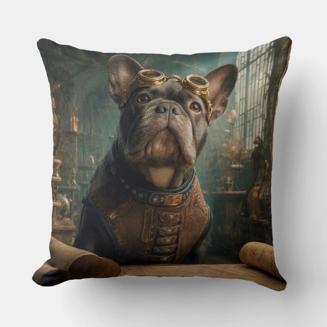 Steampunk Frenchie (Editie 2) - 50 cm x 50 cm Kussen (Voorkant)