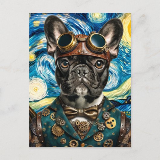 Steampunk Frenchie in de Sterrennacht Briefkaart (Voorkant)