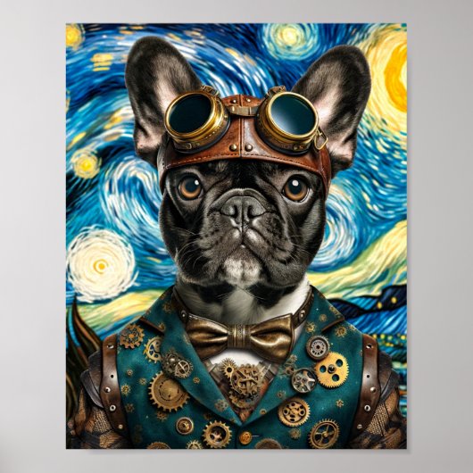 Steampunk Frenchie in de Sterrennacht Poster (Voorkant)