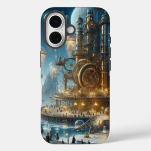 Steampunk futuristische oude stad met kwallen iPhone 16 hoesje