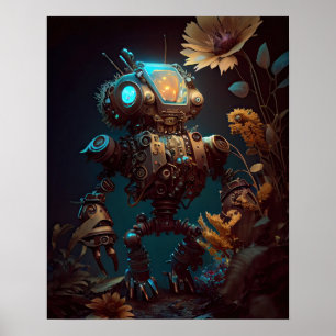 Steampunk Futuristische Robot & Bloemen Poster