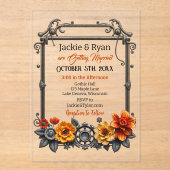 Steampunk Gears and Flowers thema bruiloft Acryl Uitnodigingen (Voorkant)